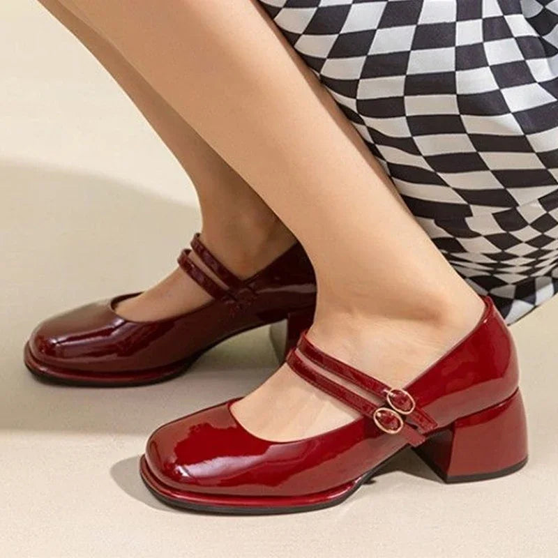 Wine Red Elegant Women Mary Janes Shoes Square Toe Autumn Mid Heels Glass Pumps