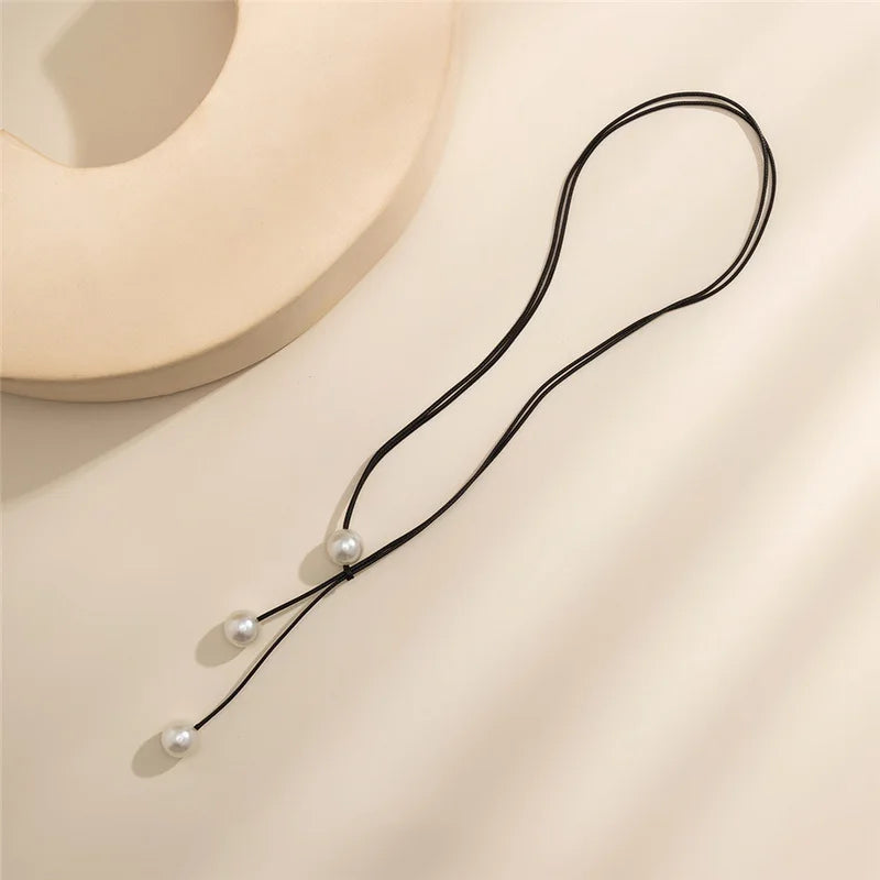Simple Pearl Beads Pendant Necklaces Wax Rope Long Tassel Pull Design Clavicle Chain for Women