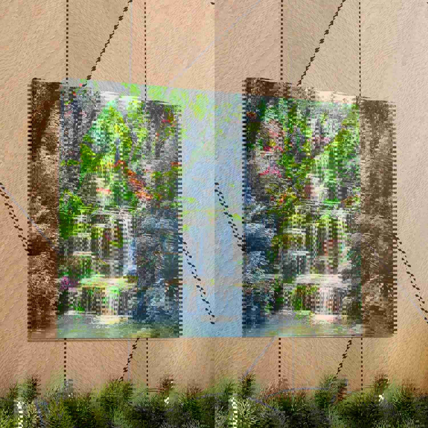 Waterfall with Maple Trees Kyoto Garden Canvas Wall Art - Ready-to-Hang Home Decor