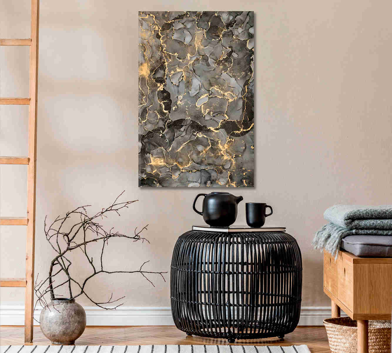 Natural Luxury Abstract Fluid Art with Golden Swirls - Canvas Print for Home and Office Decor