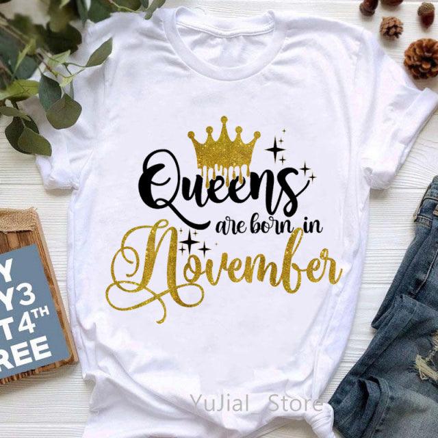 Golden Crown Queen Born in January to December Graphic Print T-Shirt for Women
