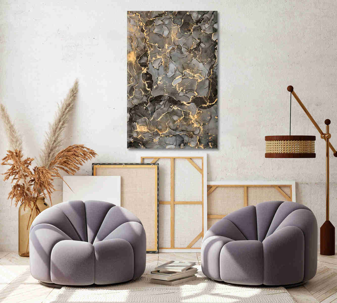 Natural Luxury Abstract Fluid Art with Golden Swirls - Canvas Print for Home and Office Decor