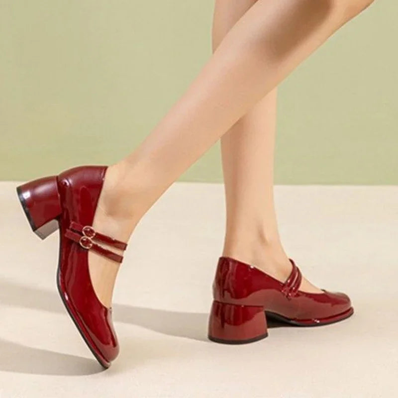 Wine Red Elegant Women Mary Janes Shoes Square Toe Autumn Mid Heels Glass Pumps