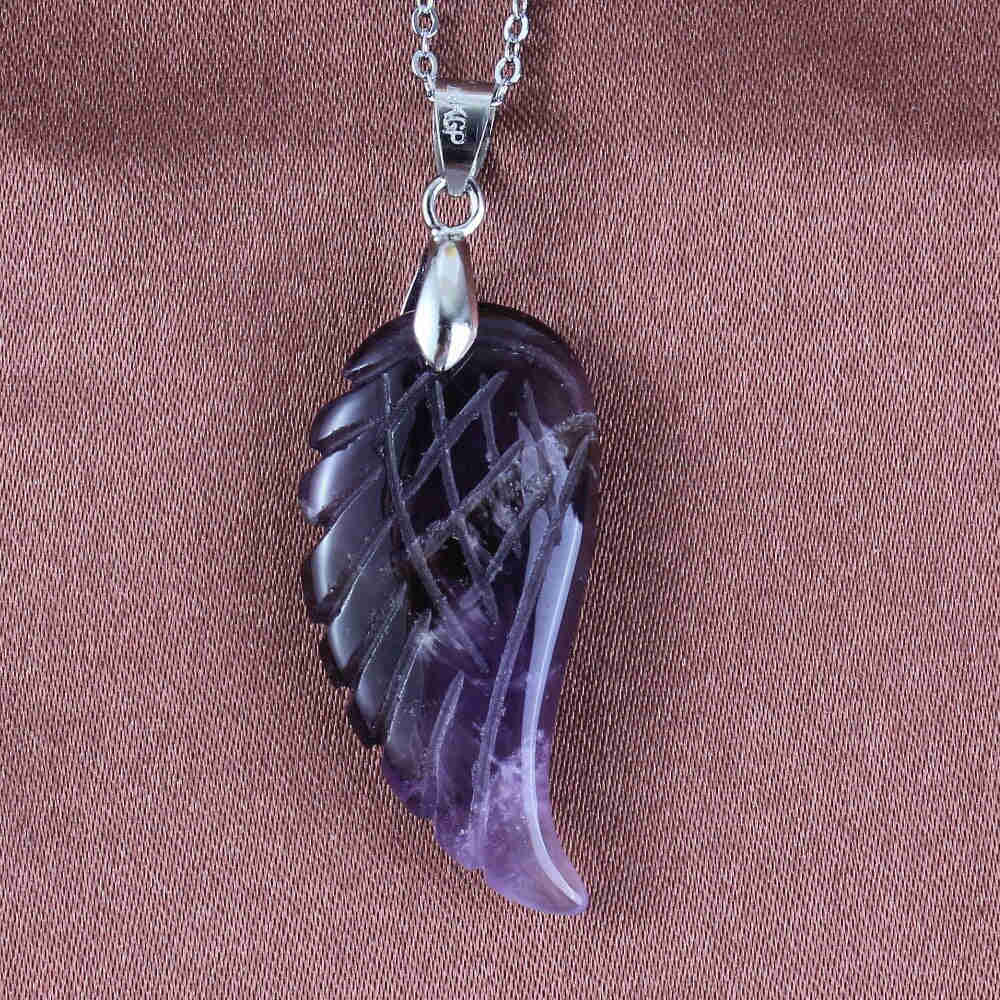 Natural Gnergy Gemstone Silver Plated Vintage Purple Quartz Amethyst Angel Wing Pendant Jewelry