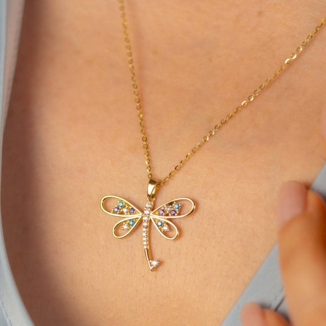 Colored Gemstones Dragonfly Pendant in 10K Gold