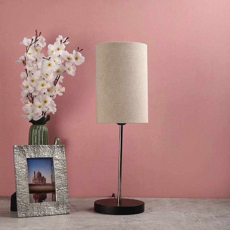 BTR CRAFTS Silver Rod With Black Wooden Base Table Lamp (Cylinder Lampshade)