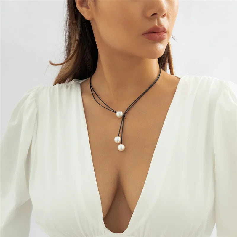 Simple Pearl Beads Pendant Necklaces Wax Rope Long Tassel Pull Design Clavicle Chain for Women