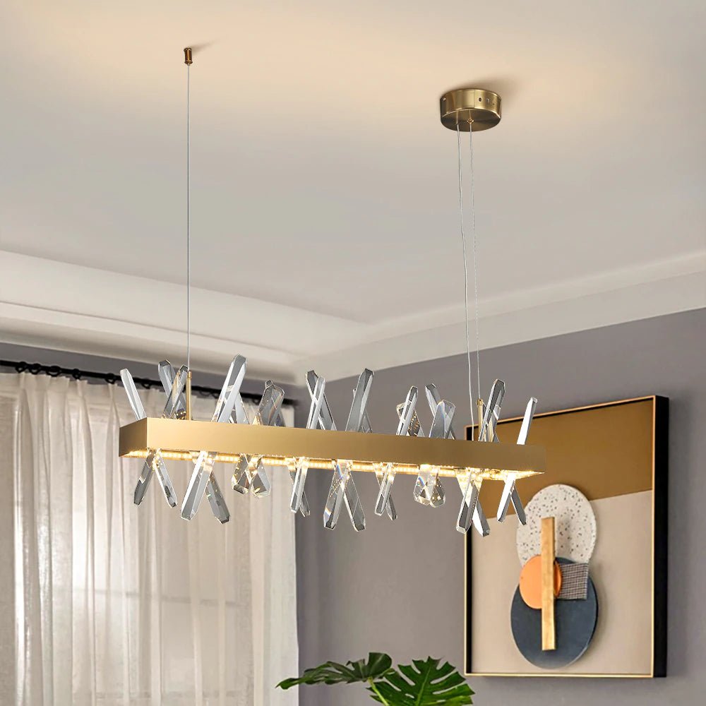 MIRODEMI® Gold Rectangle Crystal Chandelier - Modern LED Lighting for Living Room, Dining Room & Kitchen Island
