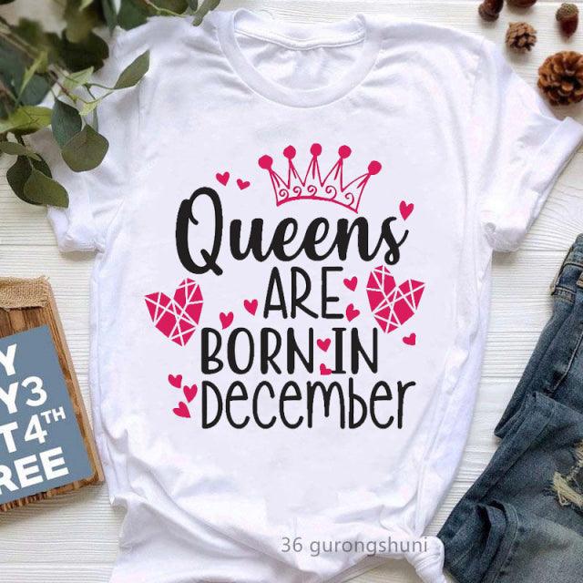 Golden Crown Queen Born in January to December Graphic Print T-Shirt for Women