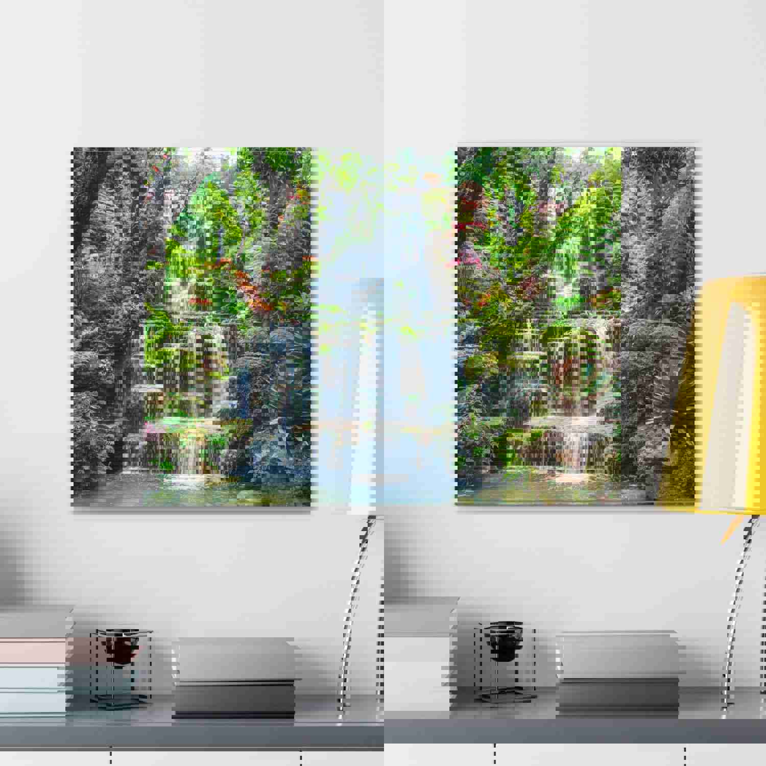 Waterfall with Maple Trees Kyoto Garden Canvas Wall Art - Ready-to-Hang Home Decor