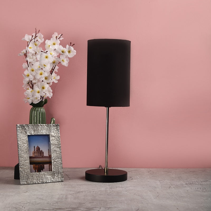 BTR CRAFTS Silver Rod With Black Wooden Base Table Lamp (Cylinder Lampshade)