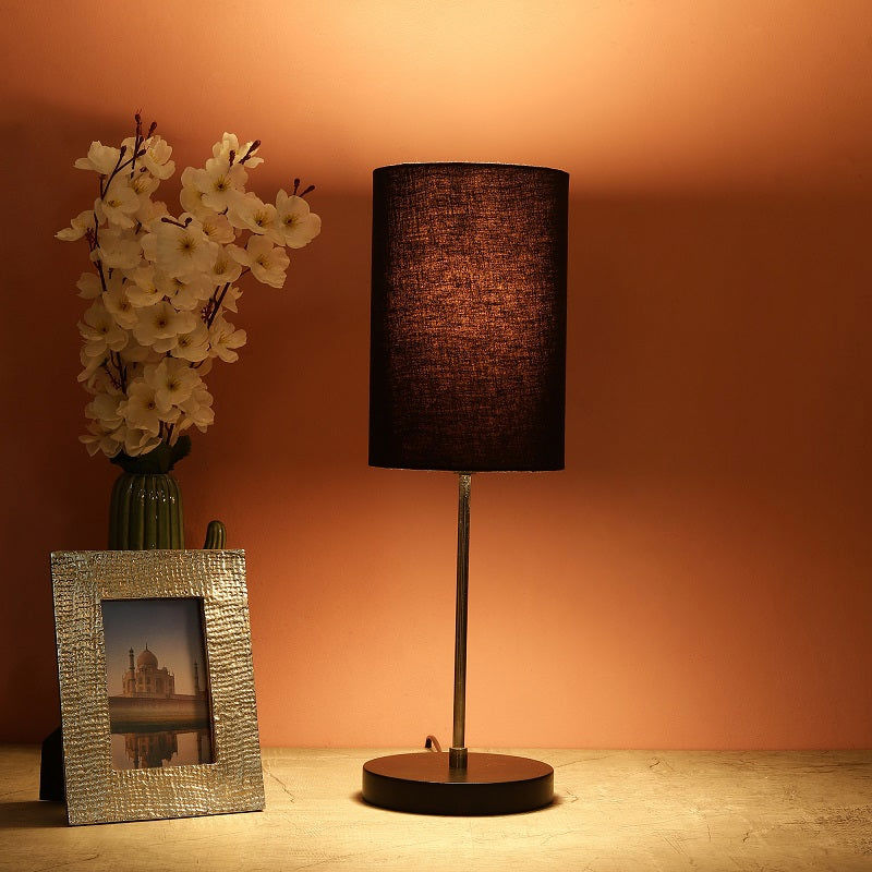 BTR CRAFTS Silver Rod With Black Wooden Base Table Lamp (Cylinder Lampshade)