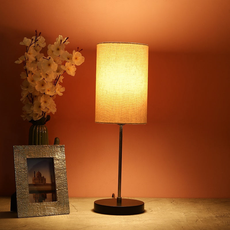 BTR CRAFTS Silver Rod With Black Wooden Base Table Lamp (Cylinder Lampshade)