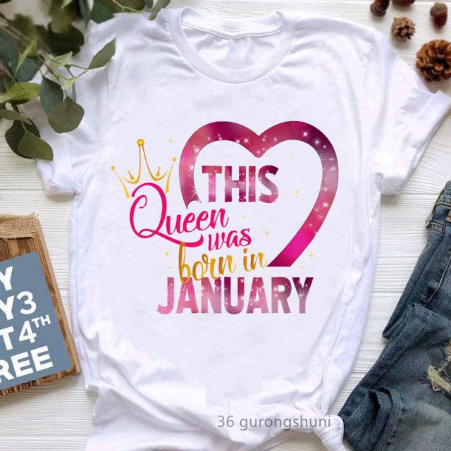 Golden Crown Queen Born in January to December Graphic Print T-Shirt for Women