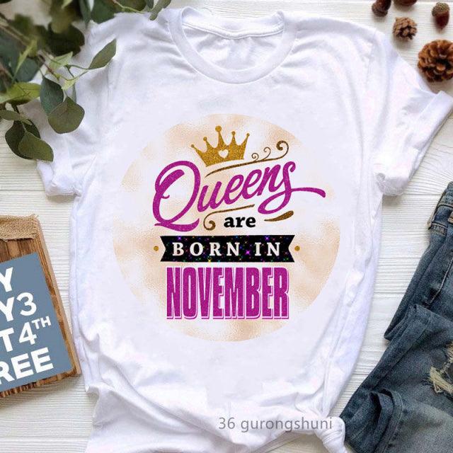 Golden Crown Queen Born in January to December Graphic Print T-Shirt for Women