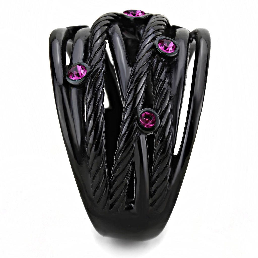 IP Black (Ion Plating) Stainless Steel Ring with Top Grade Crystal in Fuchsia for Women - Style TK3565
