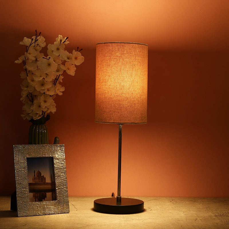 BTR CRAFTS Silver Rod With Black Wooden Base Table Lamp (Cylinder Lampshade)
