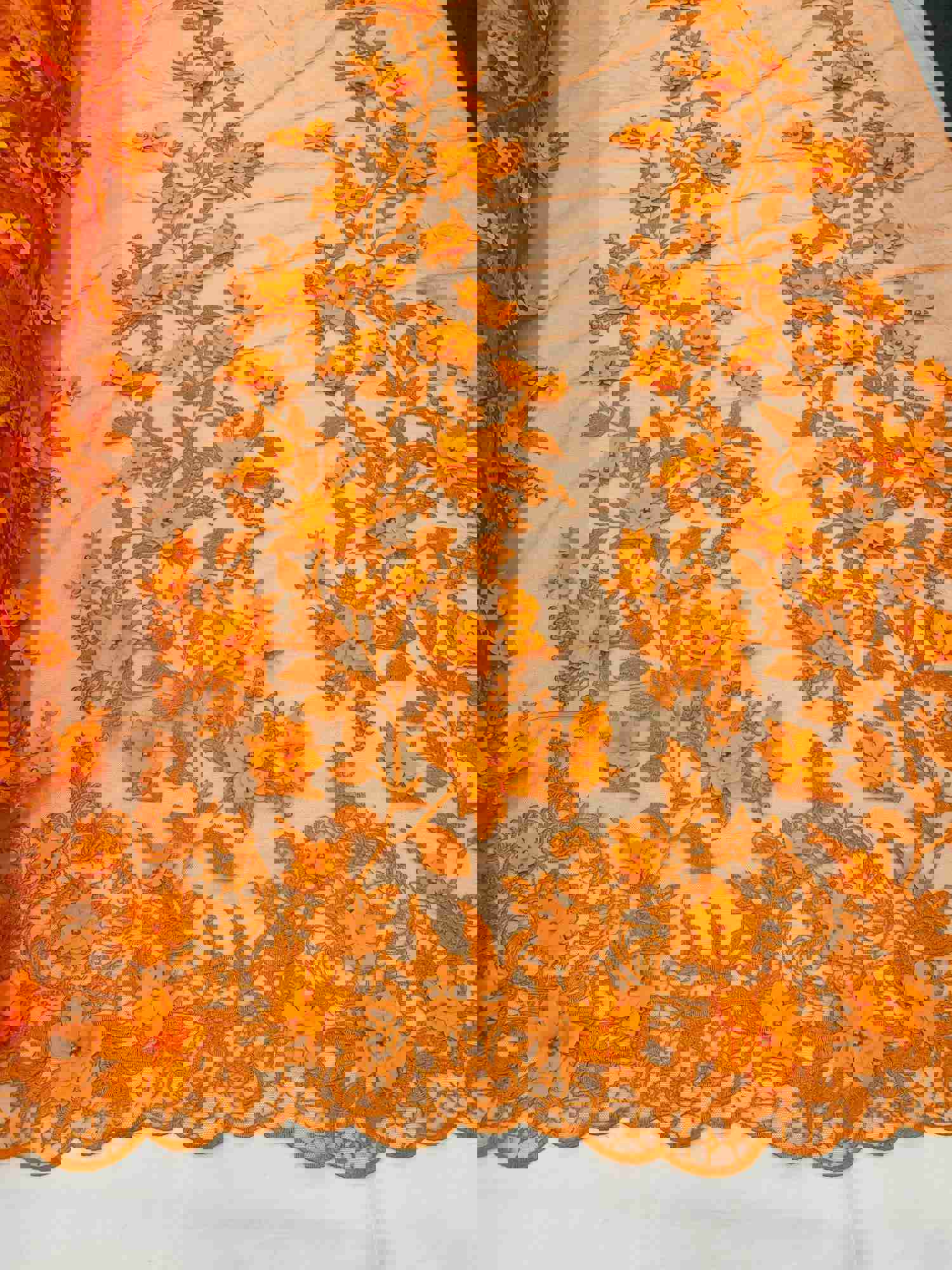 Orange 3D Floral Embroidered Mesh Lace with Pearls for Prom Dresses and Nightgowns
