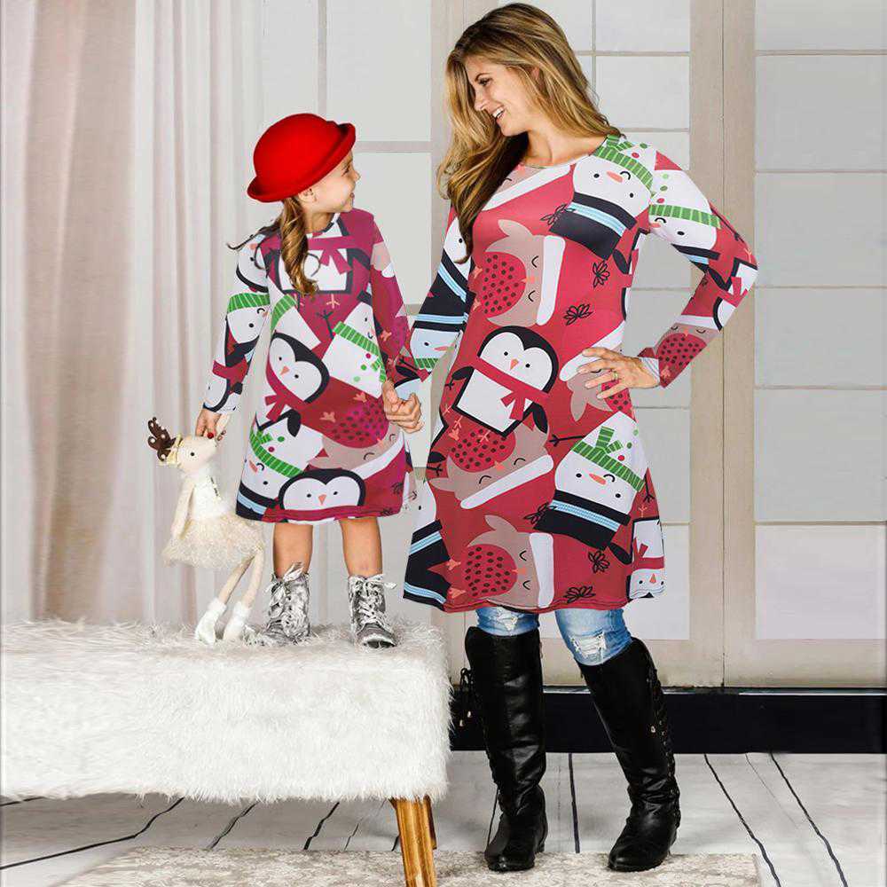 Christmas Penguin Print Long Sleeve Dress for Family Outfits