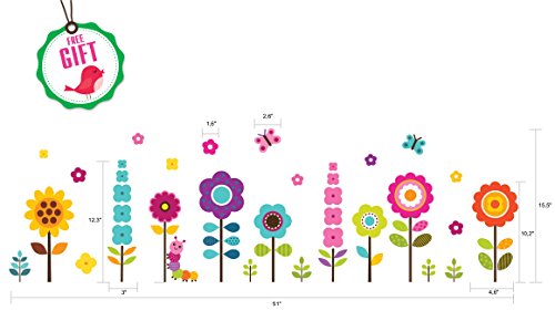 Flower Wall Stickers for Kids - Floral Garden Wall Decals for Girls Room - Removable Toddlers Bedroom Vinyl Nursery Wall Décor [27 Art clings] with Free Bird Gift