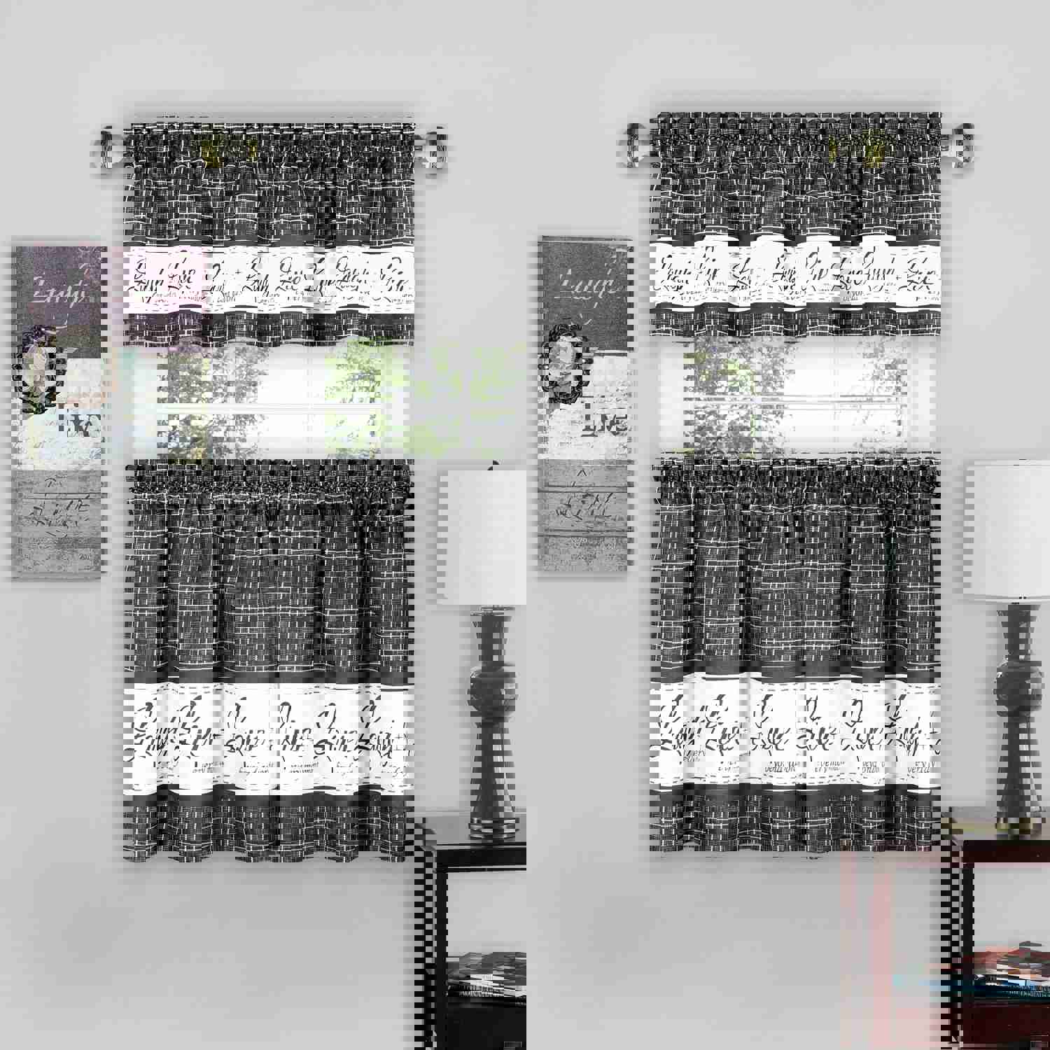Live Laugh Love 3-Piece Kitchen Curtain Set, Charcoal, Tiers 58x36, Swag 58x14 Inches