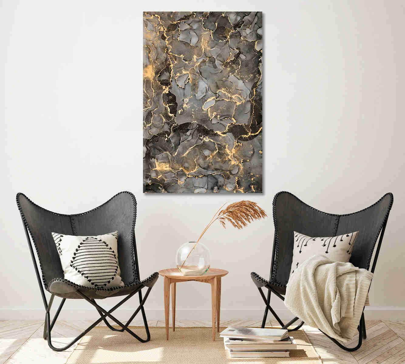 Natural Luxury Abstract Fluid Art with Golden Swirls - Canvas Print for Home and Office Decor