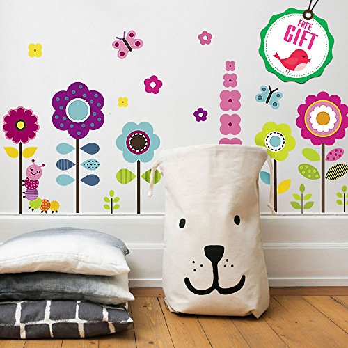 Flower Wall Stickers for Kids - Floral Garden Wall Decals for Girls Room - Removable Toddlers Bedroom Vinyl Nursery Wall Décor [27 Art clings] with Free Bird Gift