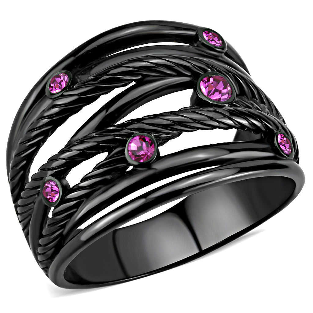 IP Black (Ion Plating) Stainless Steel Ring with Top Grade Crystal in Fuchsia for Women - Style TK3565