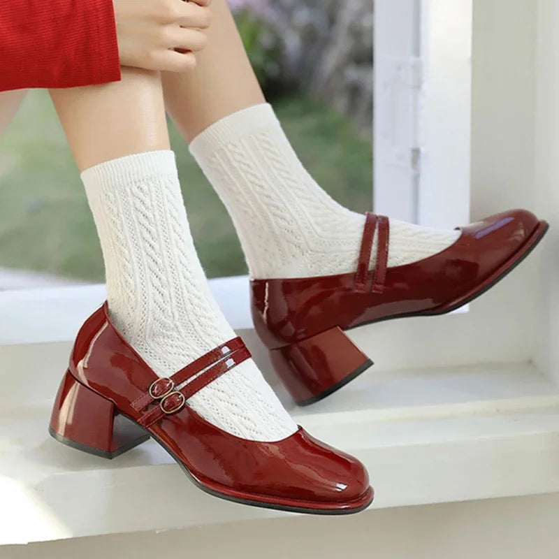 Wine Red Elegant Women Mary Janes Shoes Square Toe Autumn Mid Heels Glass Pumps