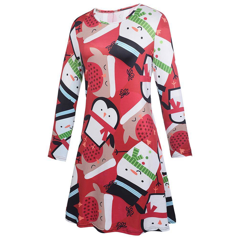 Christmas Penguin Print Long Sleeve Dress for Family Outfits
