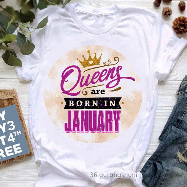 Golden Crown Queen Born in January to December Graphic Print T-Shirt for Women