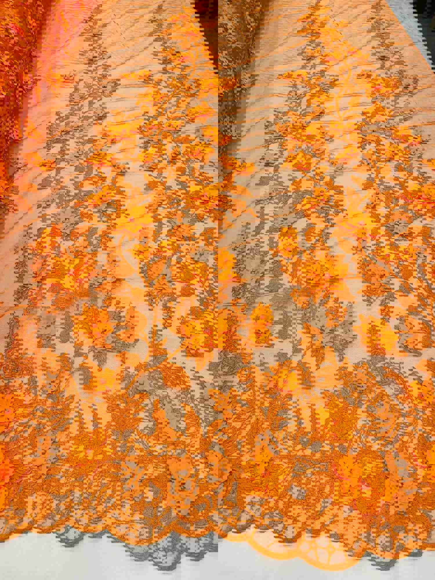 Orange 3D Floral Embroidered Mesh Lace with Pearls for Prom Dresses and Nightgowns