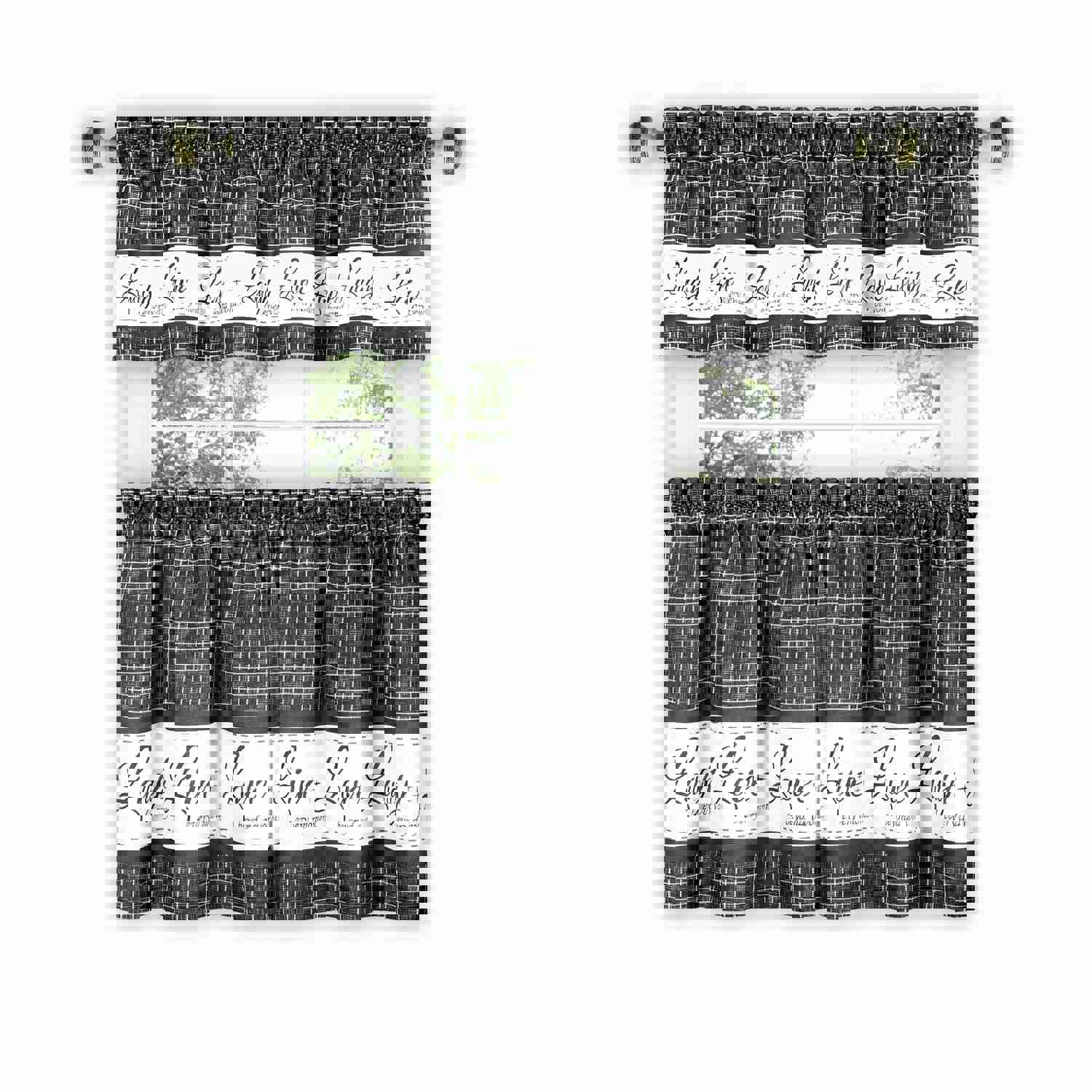 Live Laugh Love 3-Piece Kitchen Curtain Set, Charcoal, Tiers 58x36, Swag 58x14 Inches