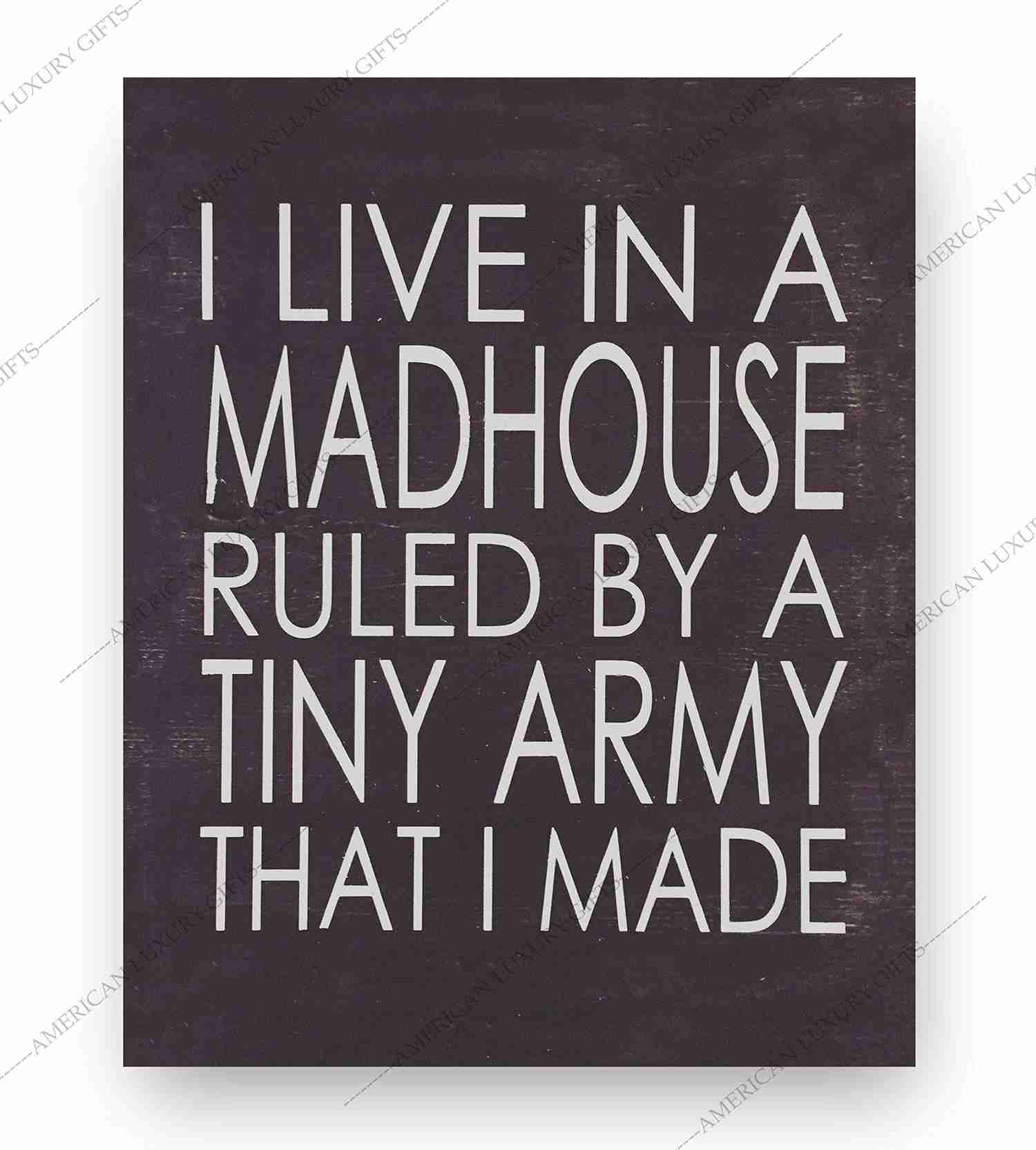 I Live In A Madhouse Ruled By A Tiny Army Funny Wall Sign - 8 x 10 Rustic Typographic Art Print