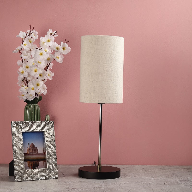 BTR CRAFTS Silver Rod With Black Wooden Base Table Lamp (Cylinder Lampshade)
