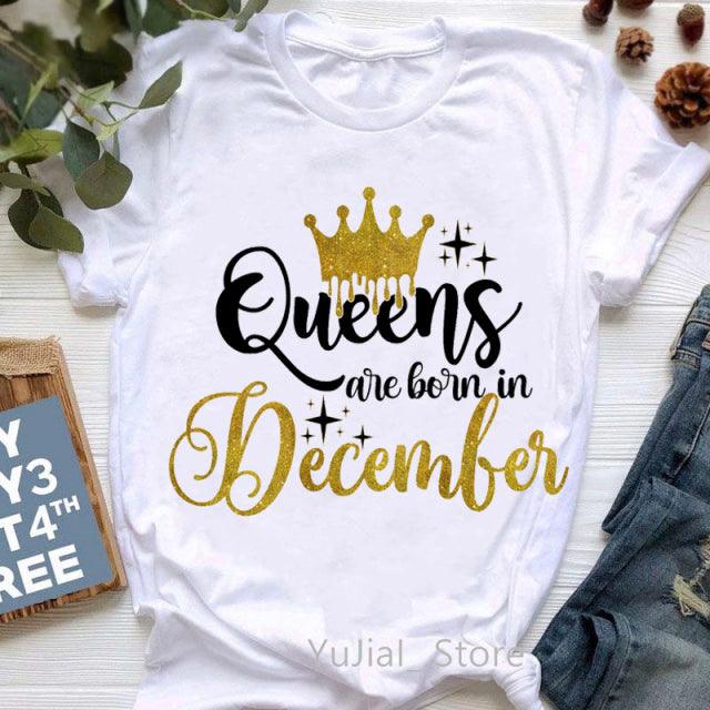 Golden Crown Queen Born in January to December Graphic Print T-Shirt for Women