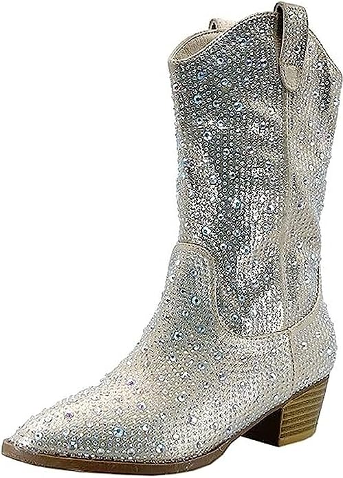 Forever Girls/Kids Rhinestone Western Cowgirl Cowboy Pointed Toe Low Heel Boots