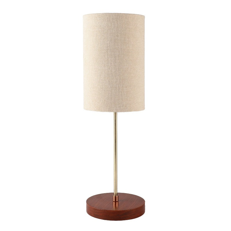 BTR CRAFTS Light Gold Rod & Brown Wooden Base Table Lamp (Cylinder Lampshade)