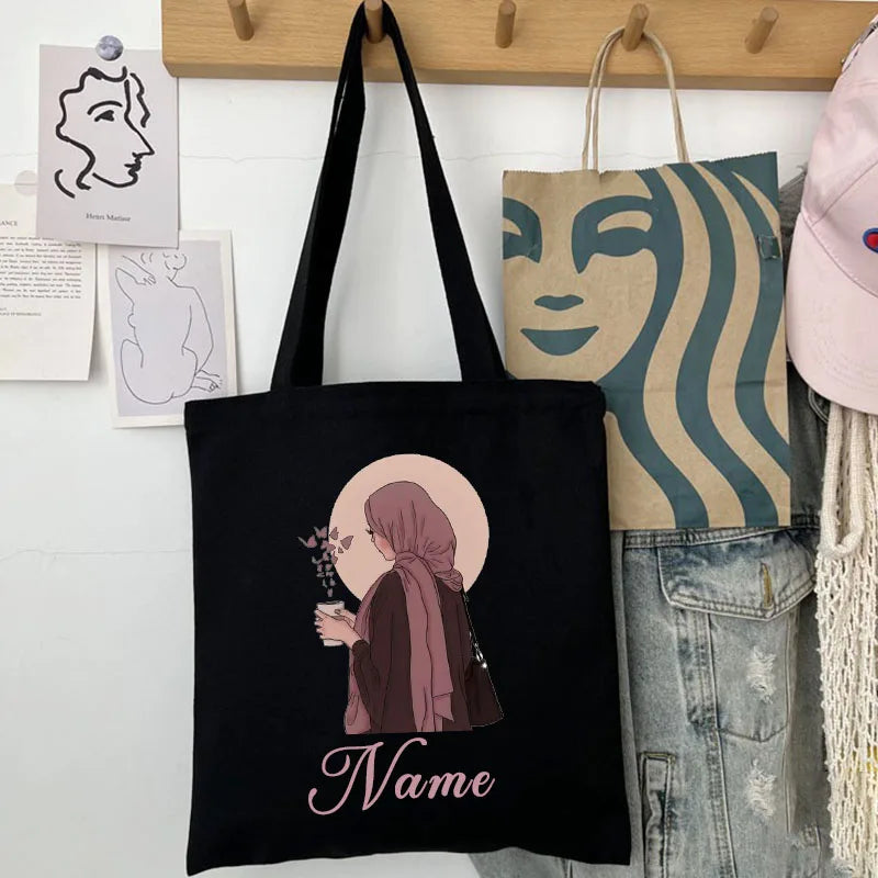 Personalized Custom Name Shoulder Bag - Reusable Canvas Tote Bag for Women