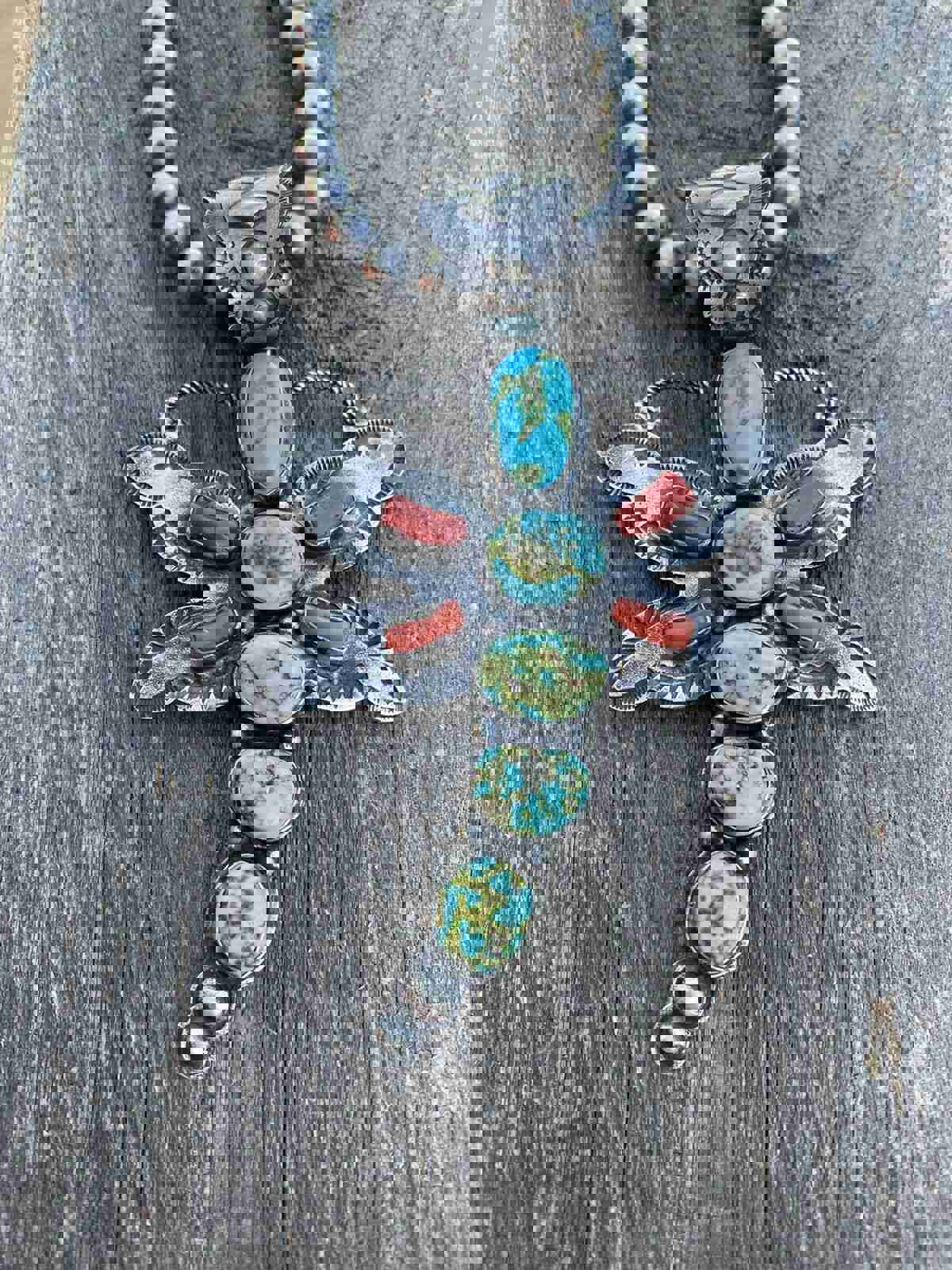 Shawn Cayatenito Sterling Silver Kingman Turquoise & Coral Dragonfly Pendant