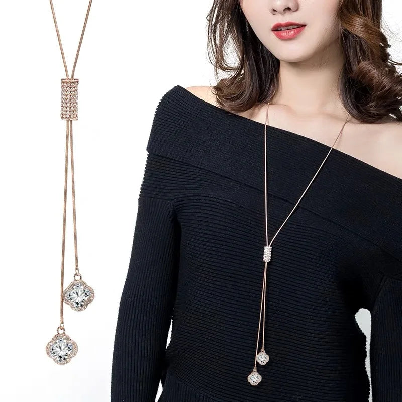 Crystal Clover Leaves Necklace for Women - Trendy Sweater Chain Jewelry