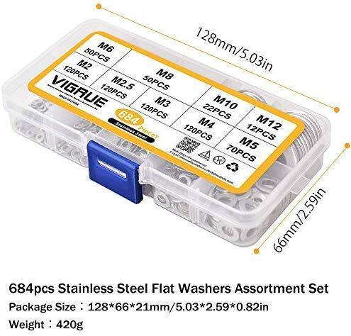 VIGRUE Black Zinc Plated Alloy Steel Flat Washers Set - 684 Pieces (9 Sizes)