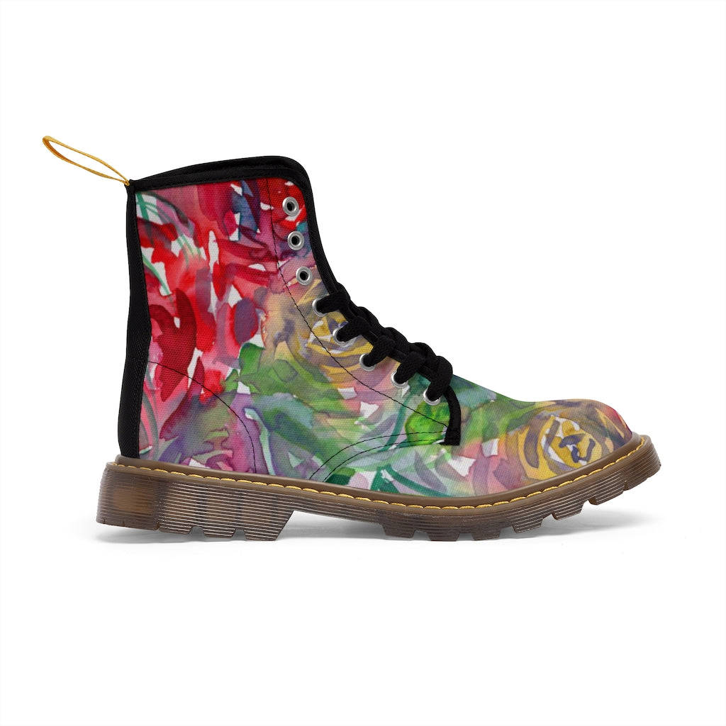 Red Floral Print Women's Boots - Watercolor Flower Printed Hiking Combat Boots