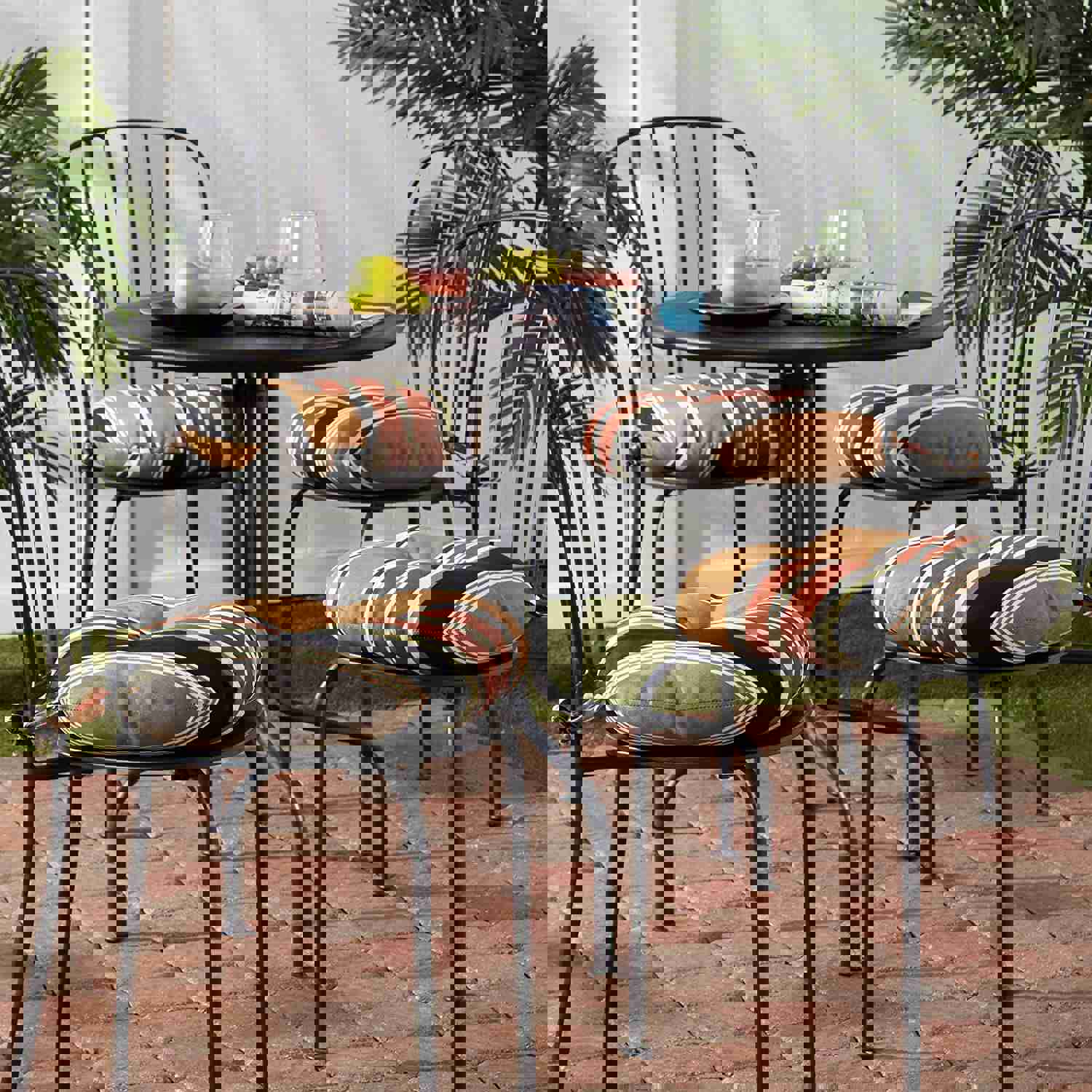 Brick Stripe Outdoor 15-inch Bistro Chair Cushion (Set of 4) - Brown Grey Striped, Fade Resistant & Water Resistant