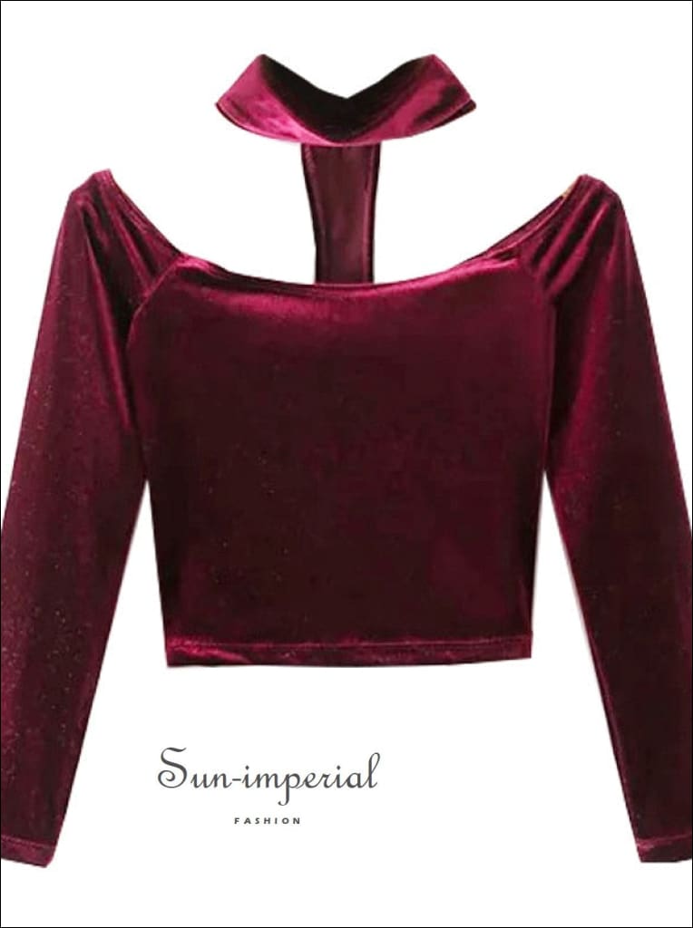 Women's Off Shoulder Red Wine Long Sleeve Velvet Slim Fit Crop Top with Choker Neckline