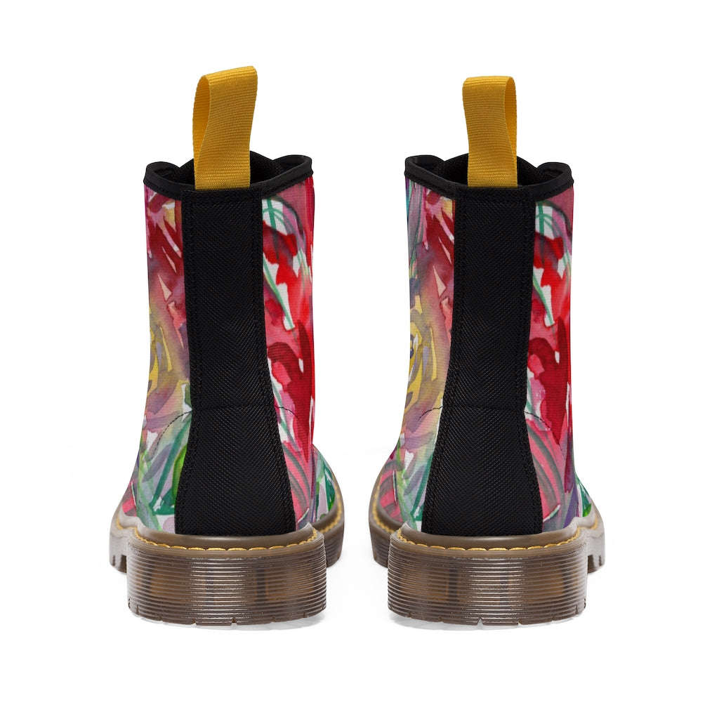 Red Floral Print Women's Boots - Watercolor Flower Printed Hiking Combat Boots