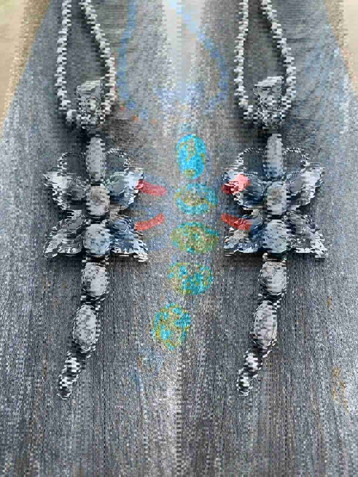 Shawn Cayatenito Sterling Silver Kingman Turquoise & Coral Dragonfly Pendant