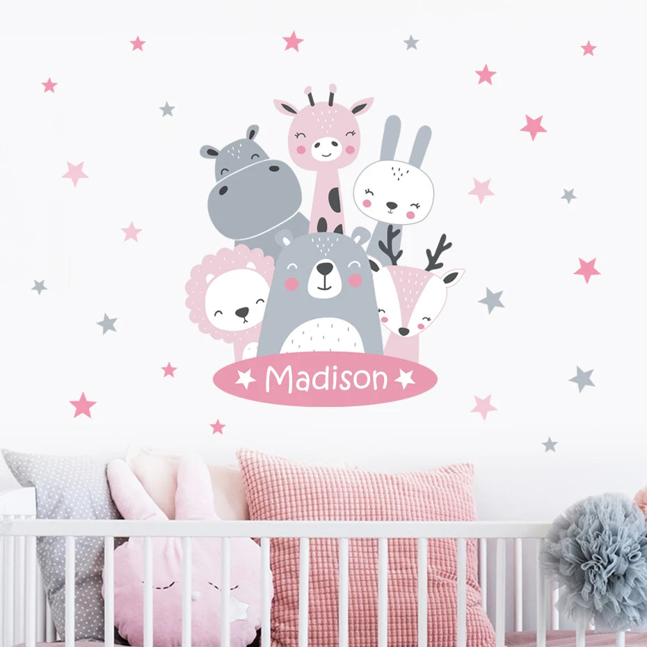 Personalized Baby Animal Wall Decals - Hippo, Bear, Lion, Fox, Deer Nursery Wall Stickers