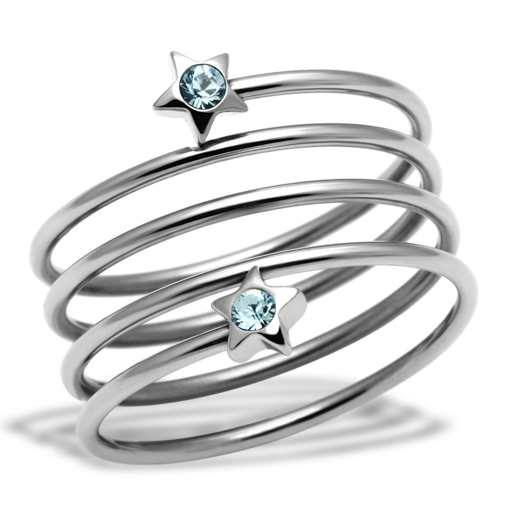 High Polished Stainless Steel Ring with Top Grade Sea Blue Crystal for Women - Style TK621