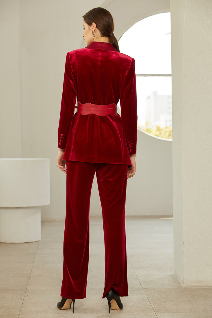 Wine Red V-neck Velvet Pant Suits for Women